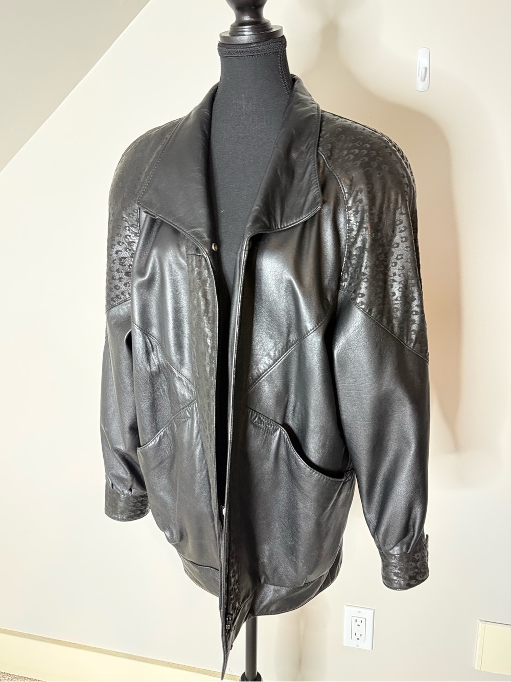 BRAEMAR Diane Charles Vintage 80’s Black Leather Jacket Zipper Oversized Medium - Picture 3 of 14
